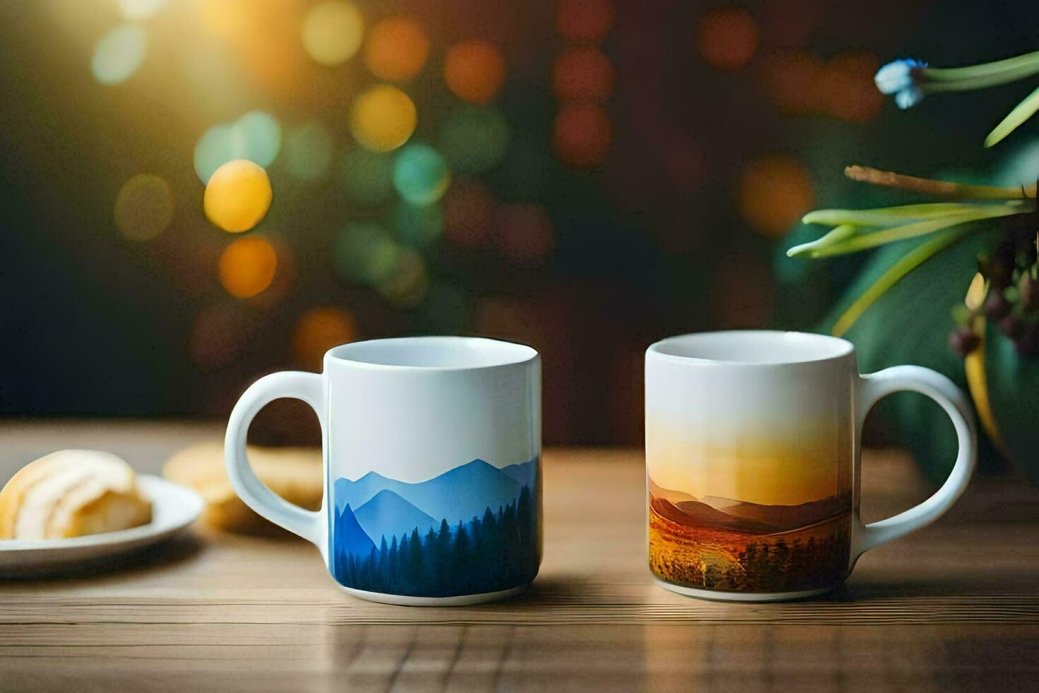 dos café tazas con montañas en a ellos. generado por ai foto
