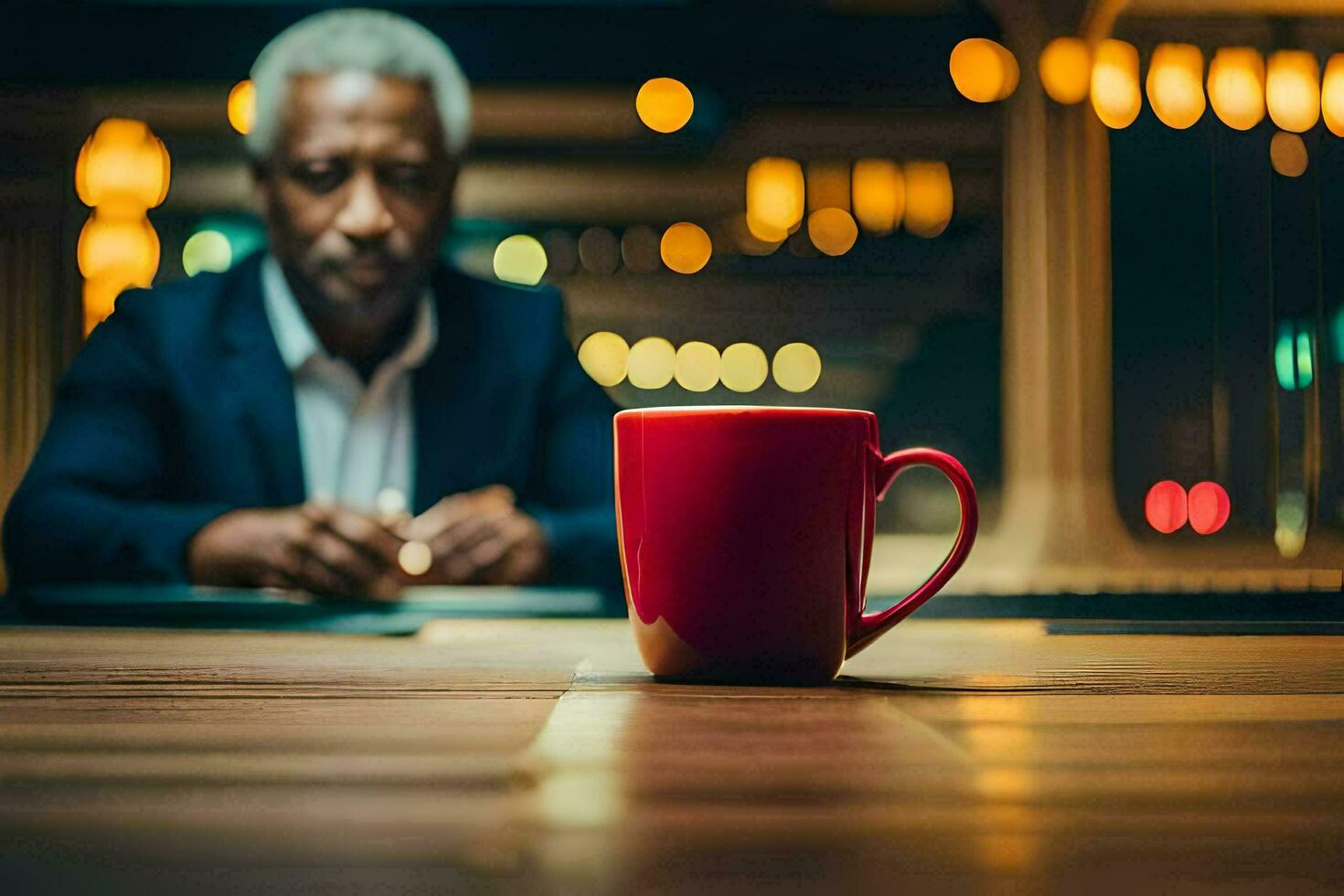 an older man sitting at a table with a red coffee cup. AI-Generated photo
