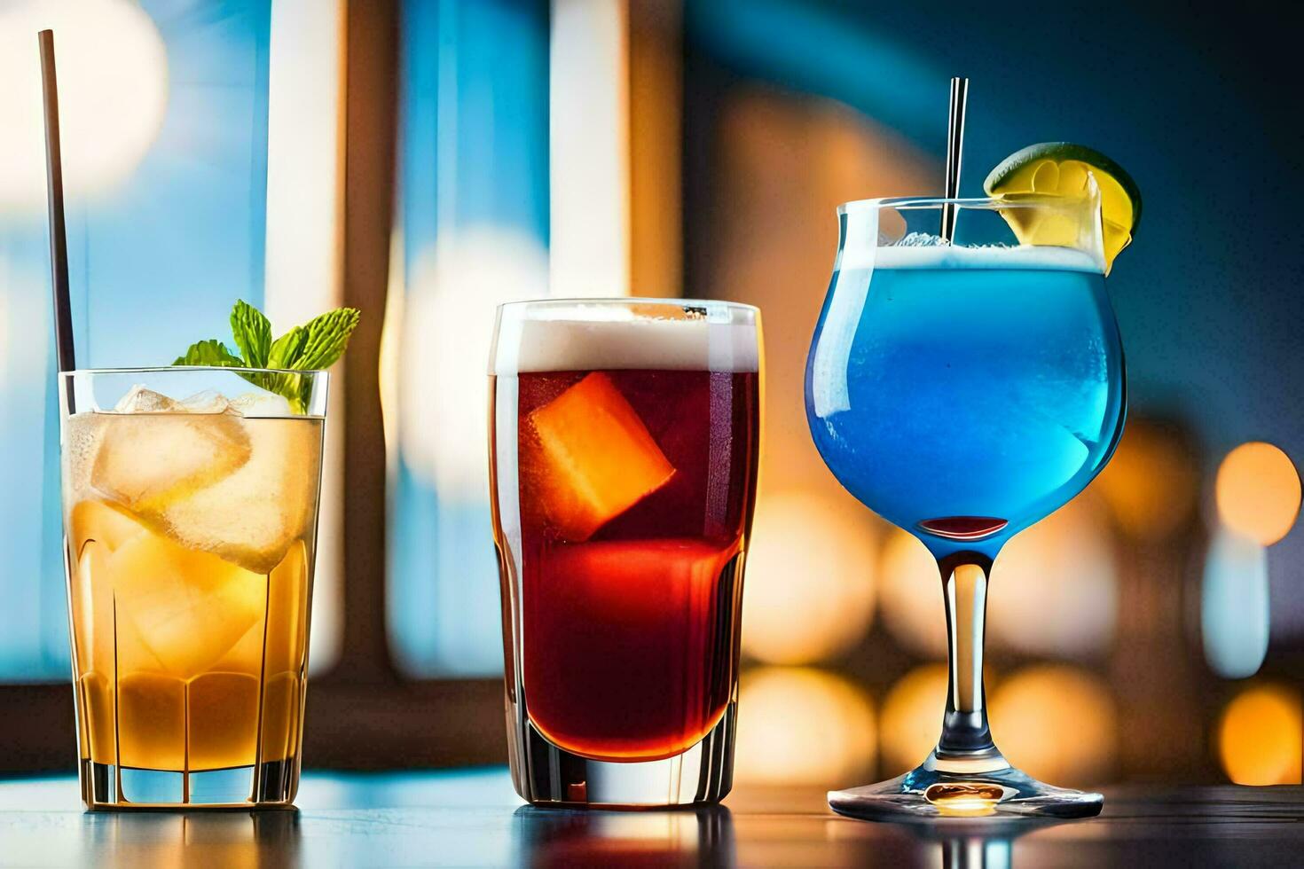 three different types of alcoholic drinks on a table. AI-Generated photo