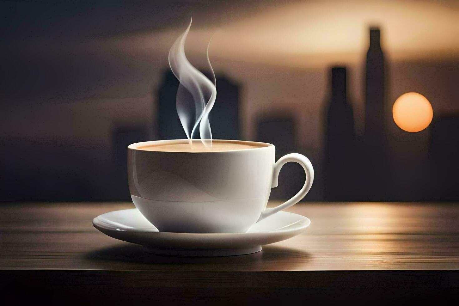a cup of coffee on a table with city in the background. AI-Generated photo