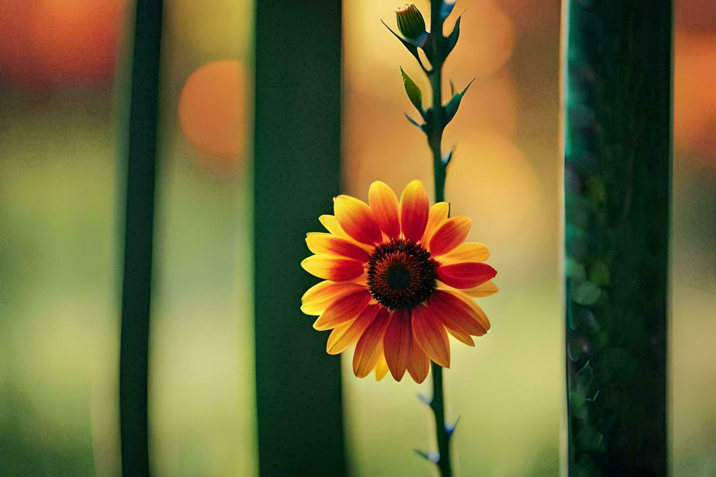 un soltero amarillo flor es en pie en frente de verde postes generado por ai foto