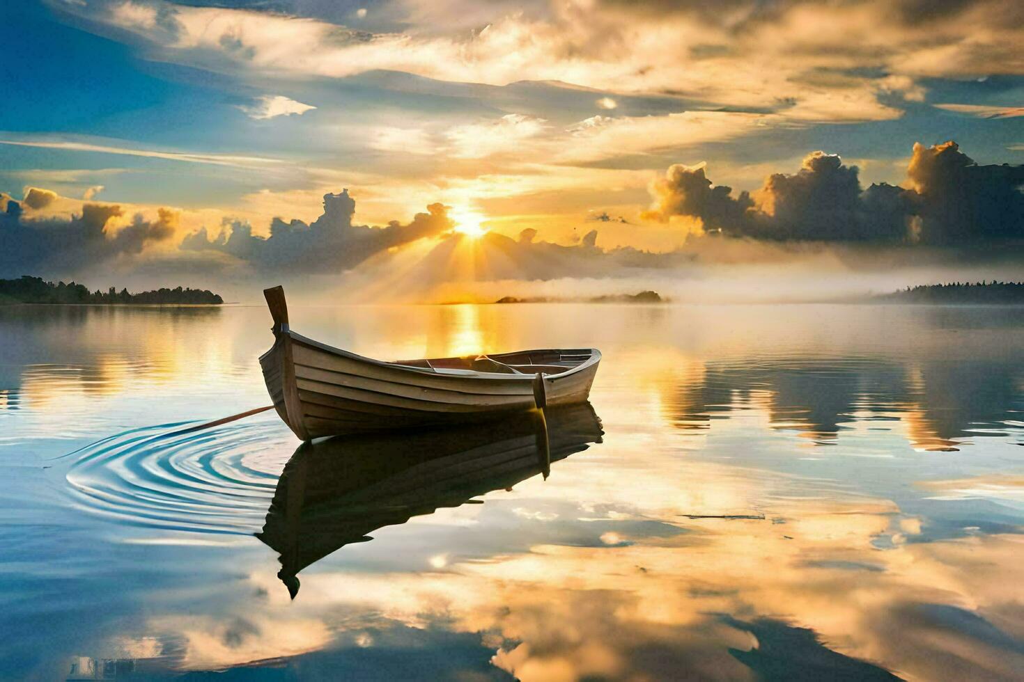 a boat floating on the water at sunset. AI-Generated photo