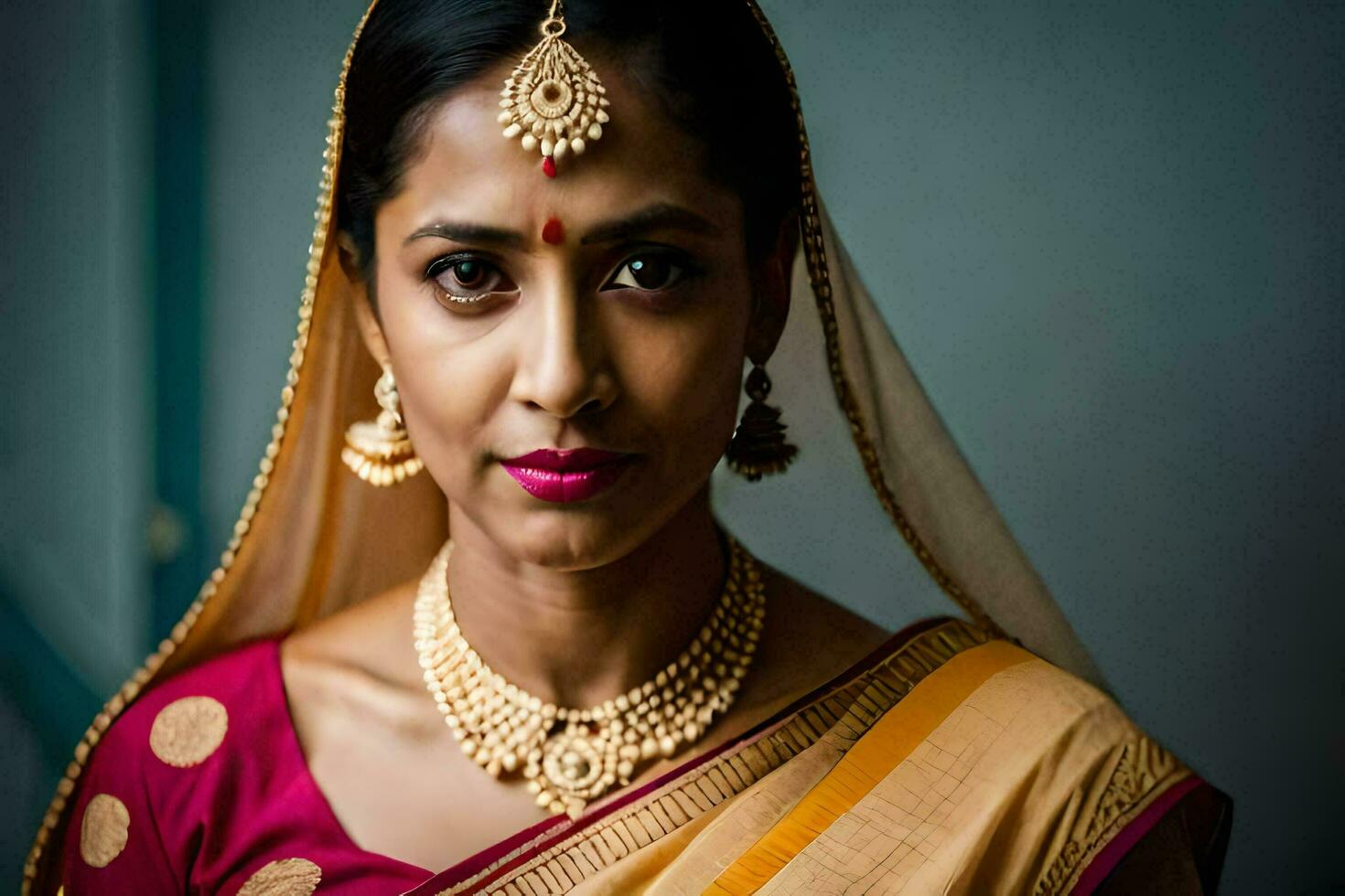 a woman in a sari poses for a portrait. AI-Generated photo