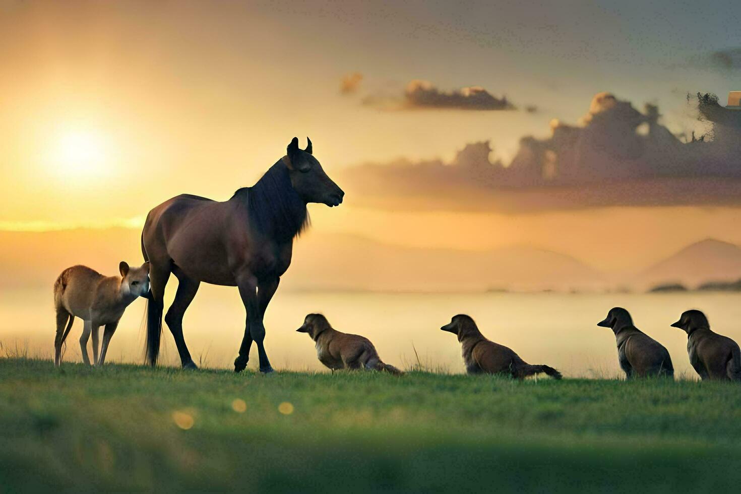 a horse and dogs in a field at sunset. AI-Generated photo