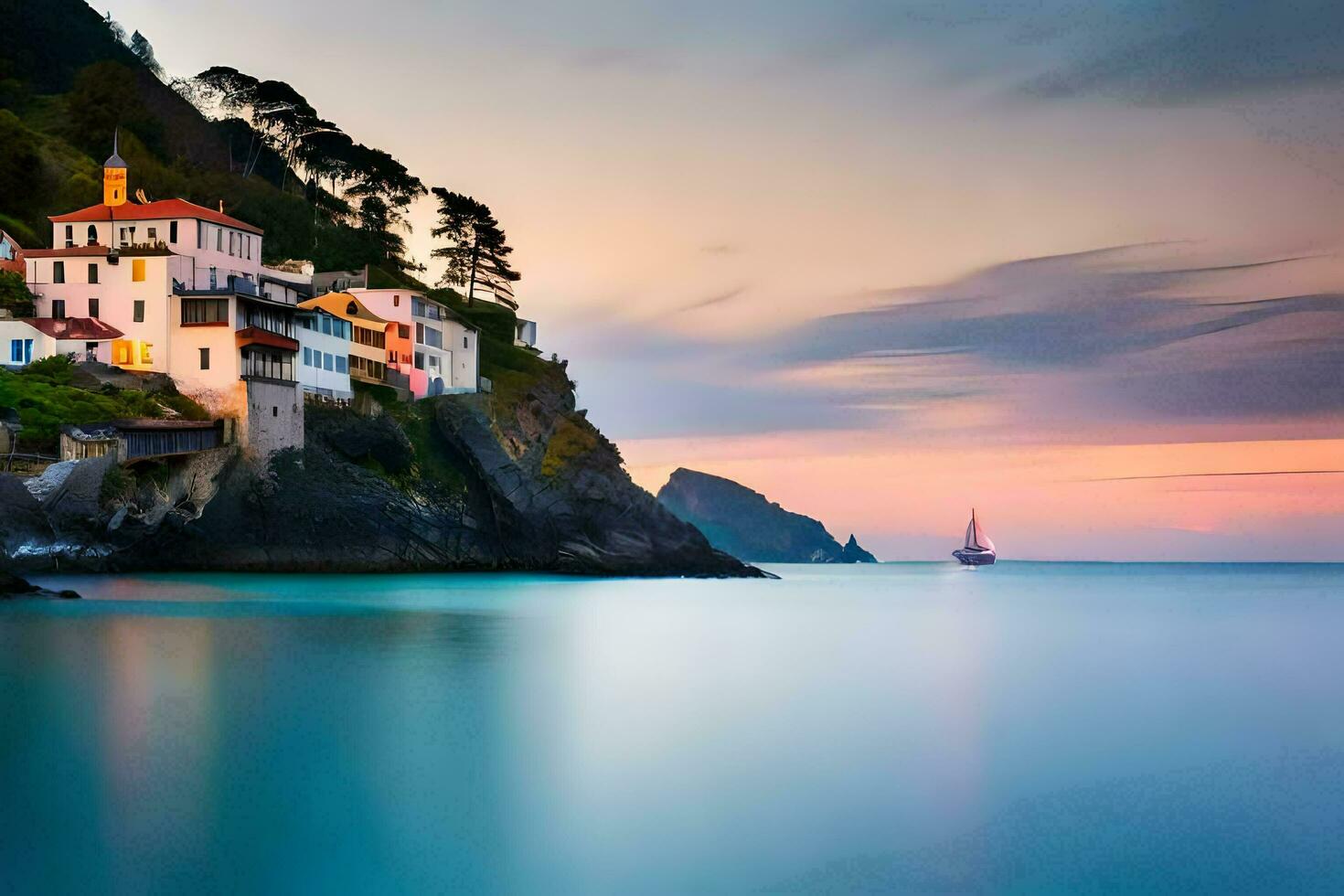 a small village on the coast with a sailboat. AI-Generated photo