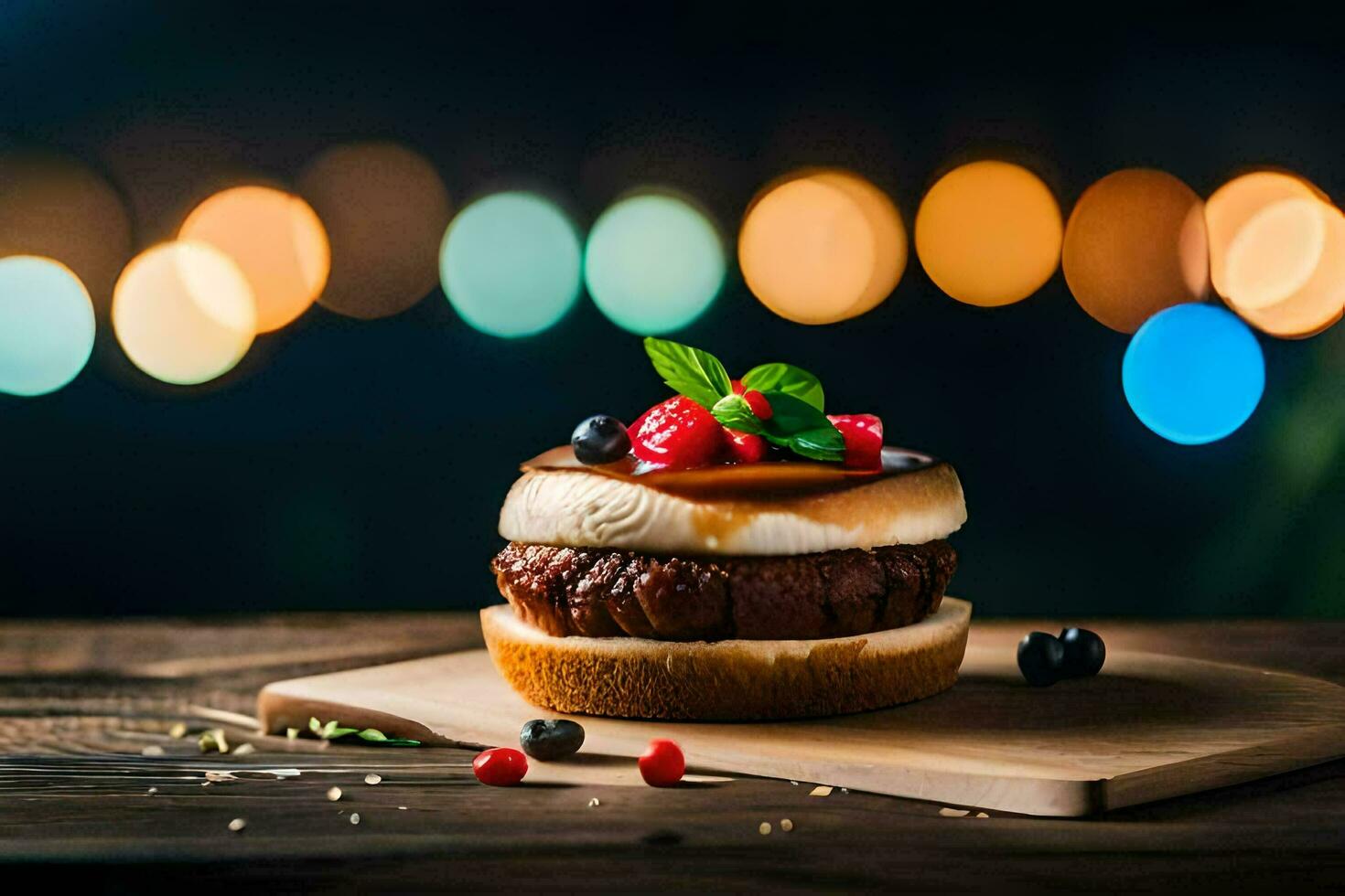 a hamburger with berries and cream on a wooden table. AI-Generated photo