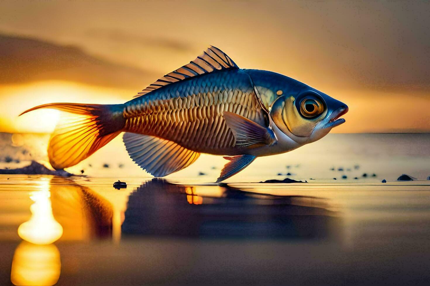 a fish is walking on the beach at sunset. AI-Generated photo
