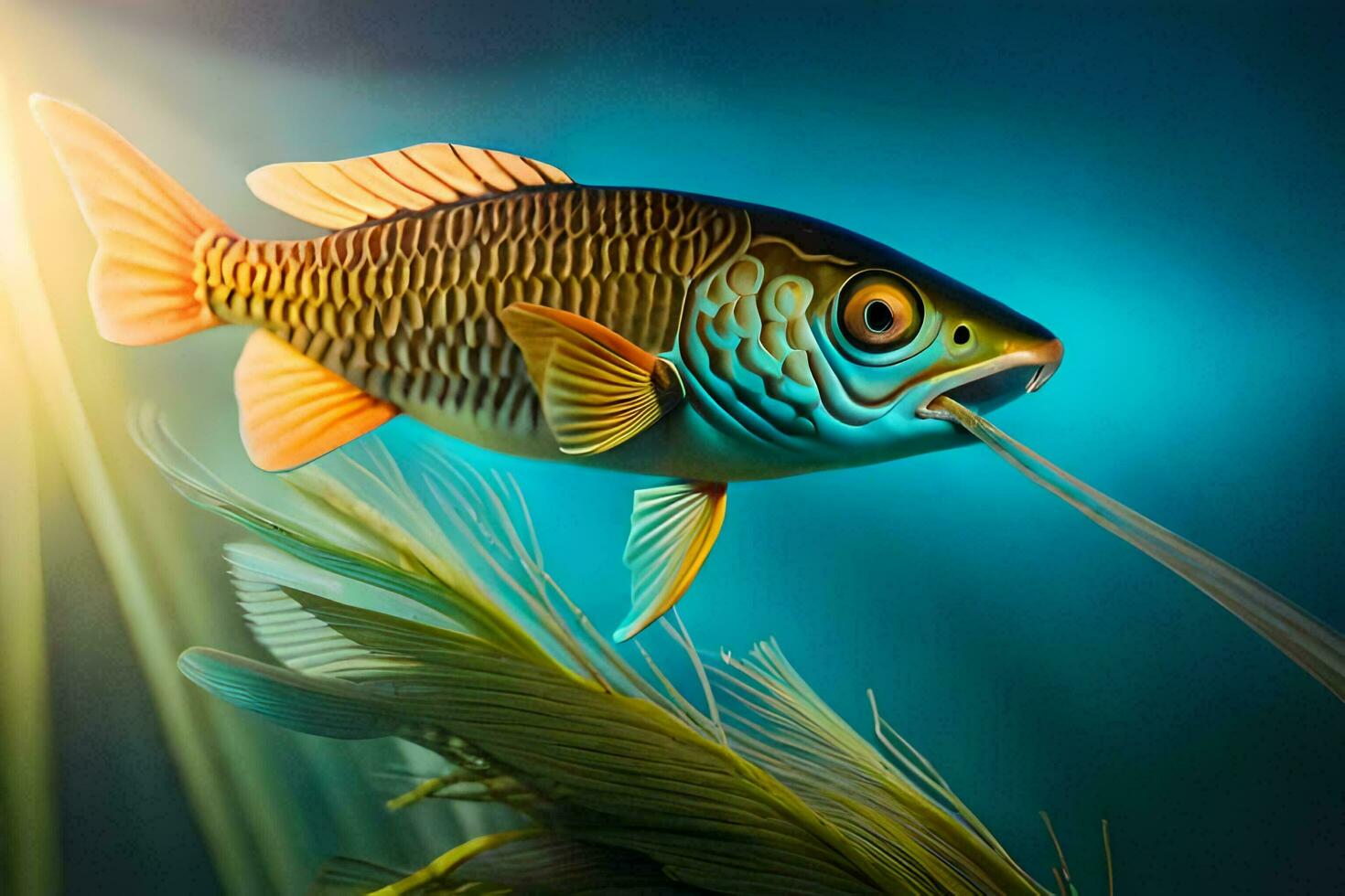 a fish is eating grass in the water. AI-Generated photo