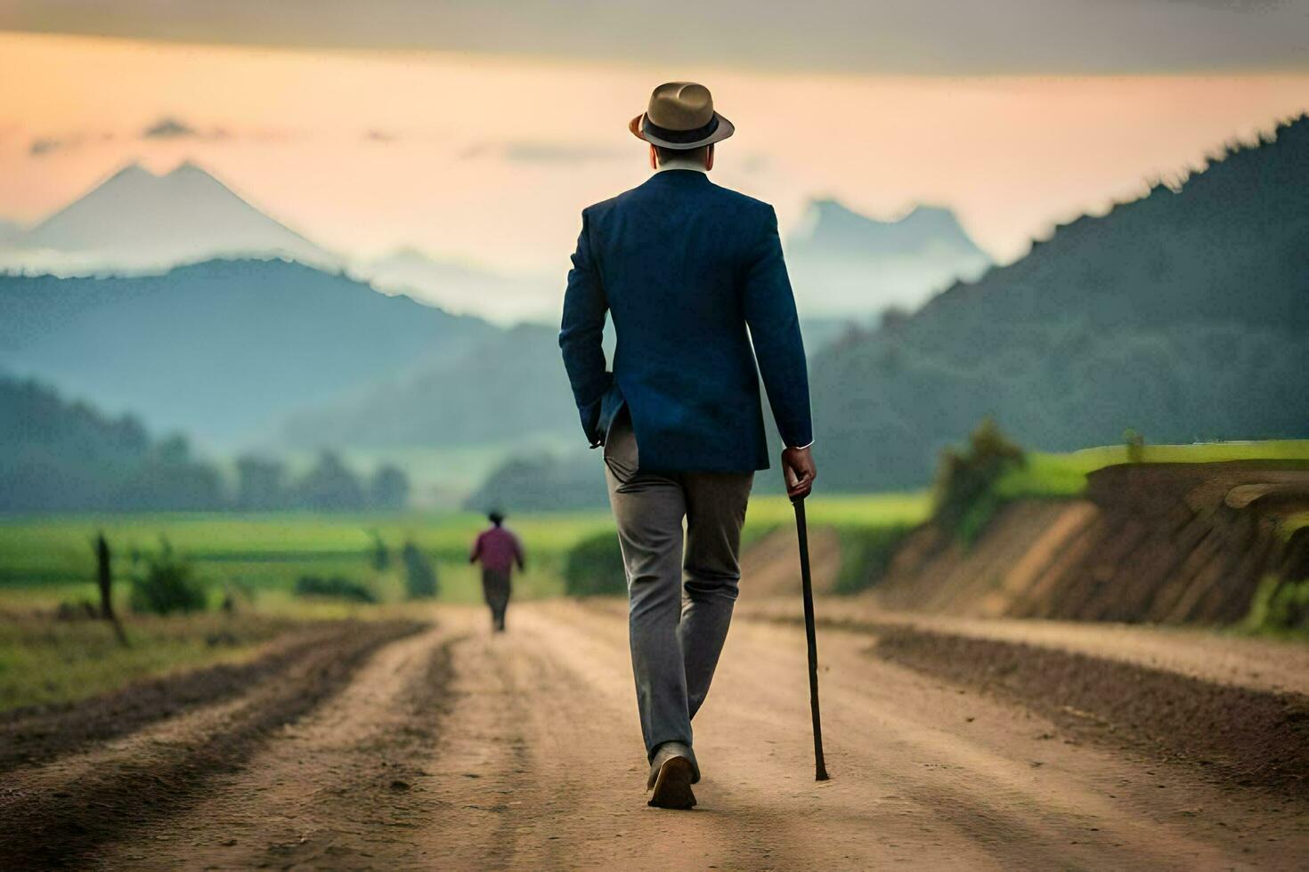 a man in a suit and hat walking down a dirt road. AI-Generated photo