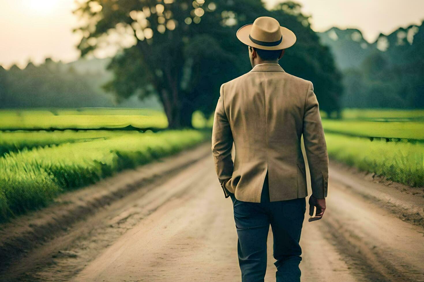 a man in a hat and suit walking down a dirt road. AI-Generated photo