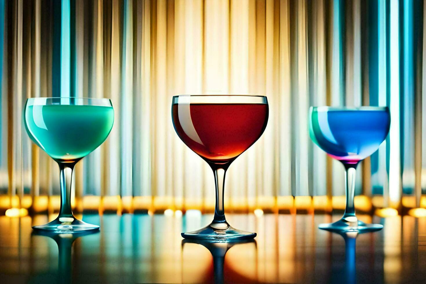 three glasses of colored liquid are shown in front of a wall. AI-Generated photo