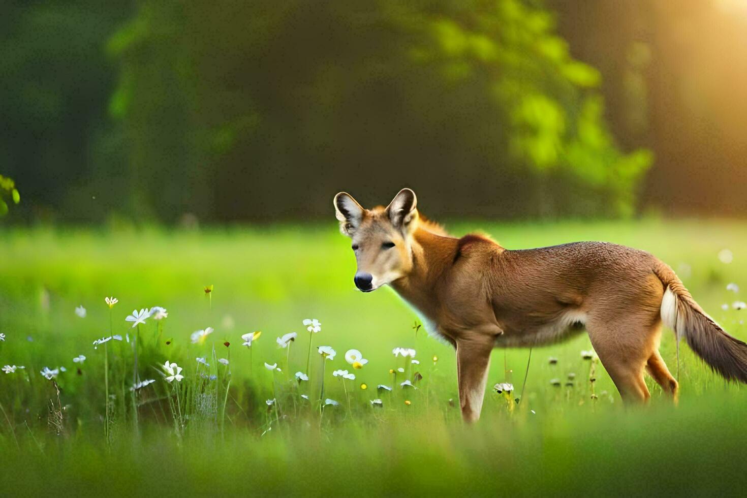 a deer stands in a field with flowers. AI-Generated photo
