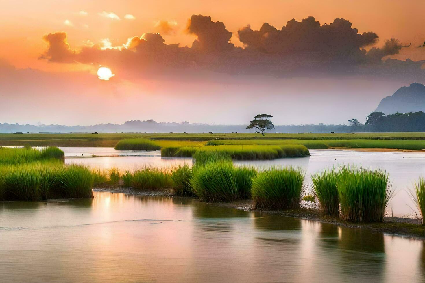 the sun sets over a marshy area with grass and water. AI-Generated photo