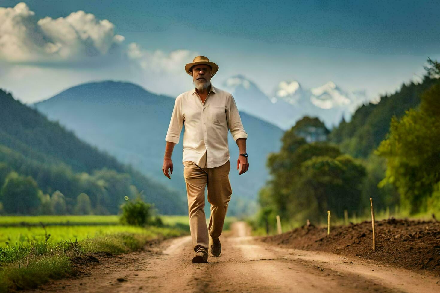 an older man walking down a dirt road in front of mountains. AI-Generated photo