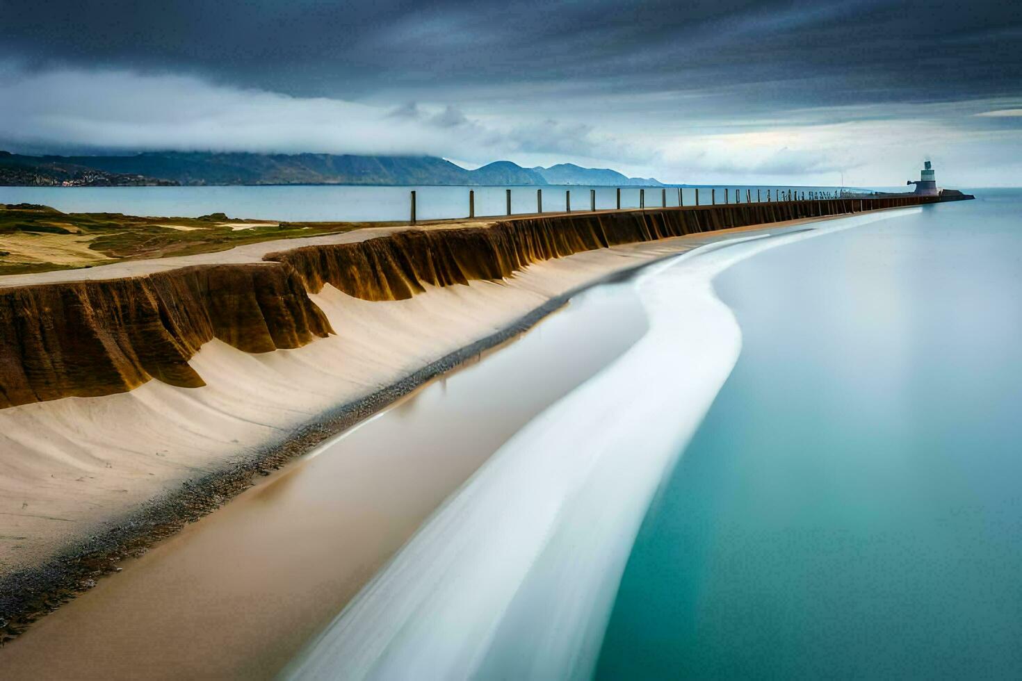 a long exposure photo of a lighthouse on the coast. AI-Generated