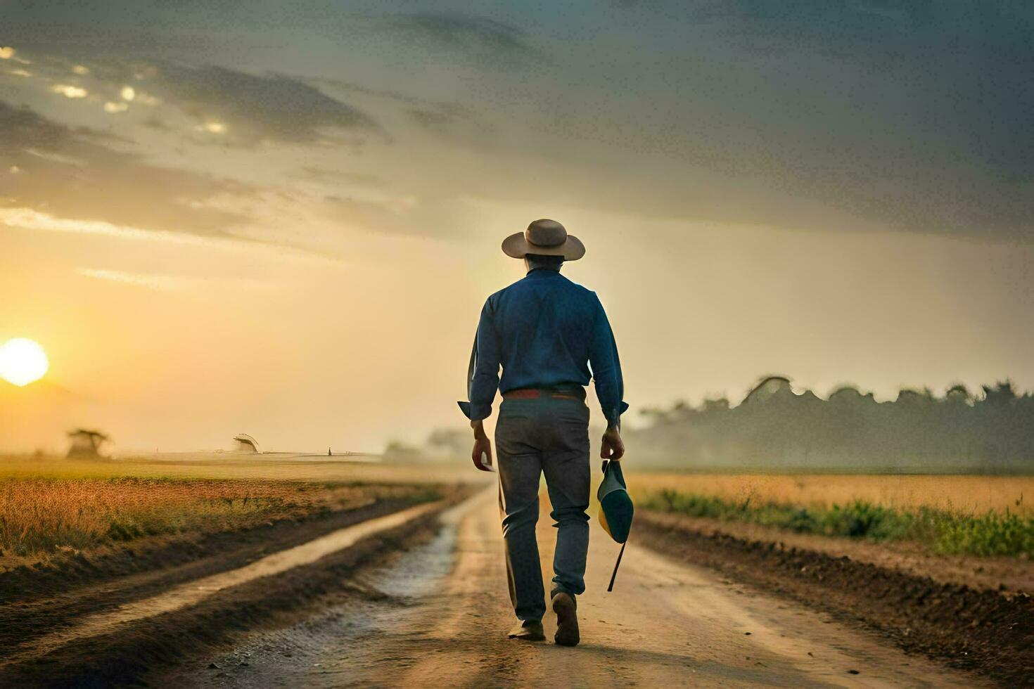 a man in a hat and blue shirt walking down a dirt road. AI-Generated photo