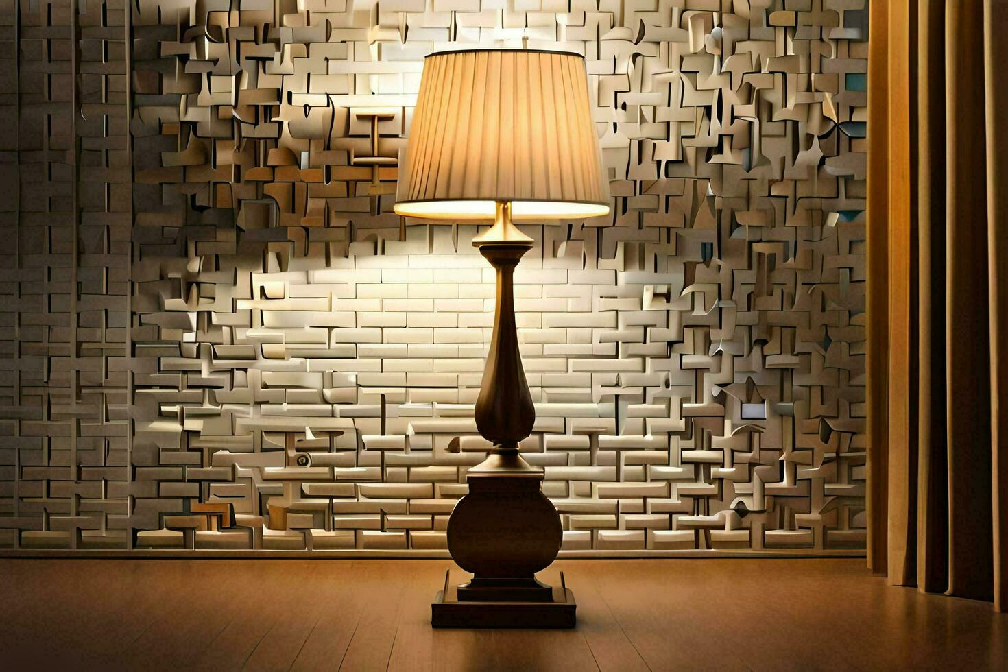 a lamp is on a wooden floor in front of a wall. AI-Generated photo
