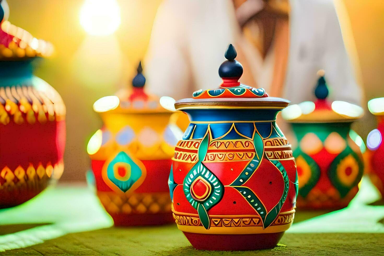 colorful pots and vases on a table. AI-Generated photo