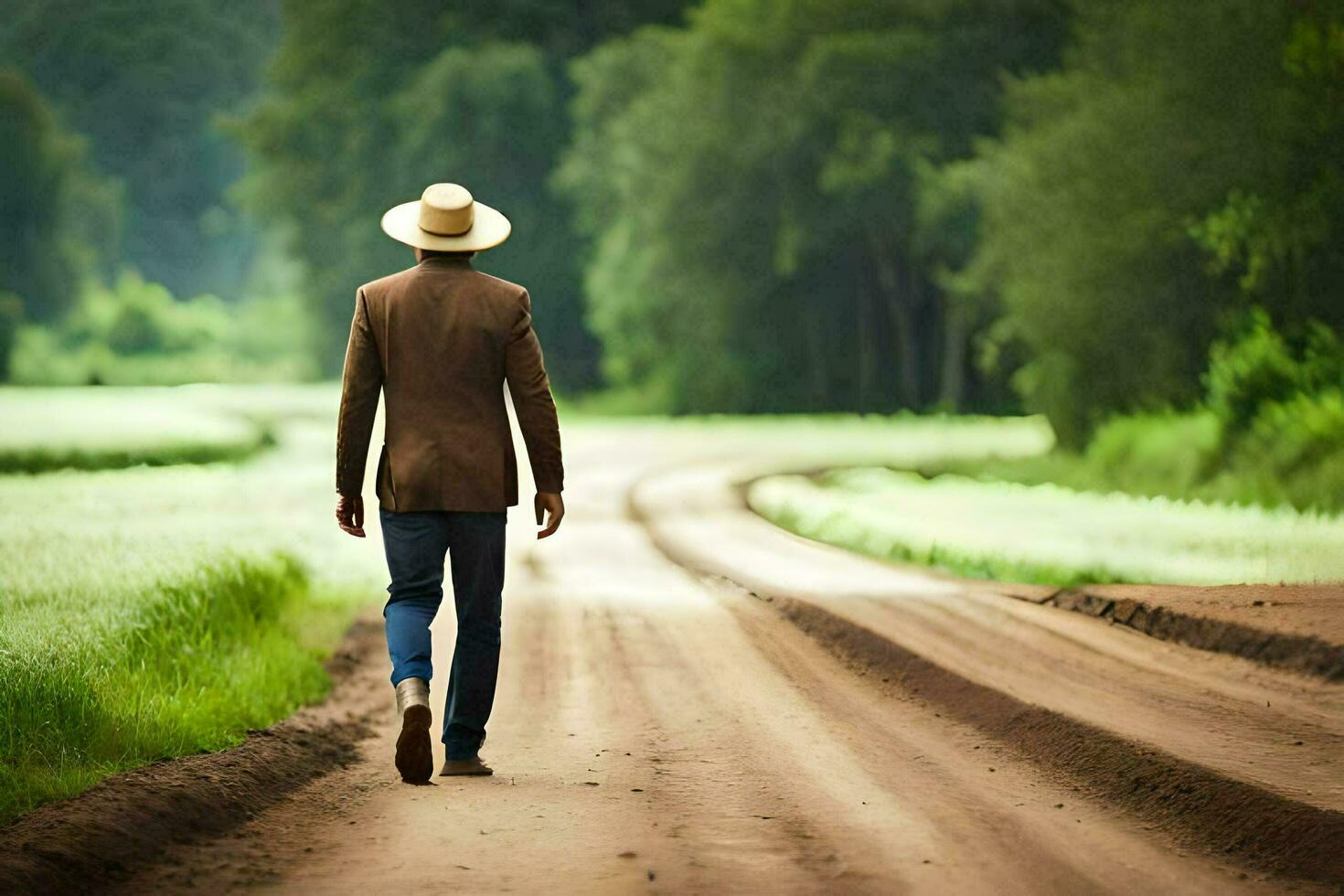 un hombre en un sombrero camina abajo un suciedad la carretera. generado por ai foto