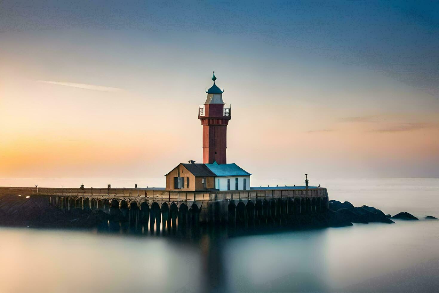 a lighthouse stands on the shore of the ocean. AI-Generated photo