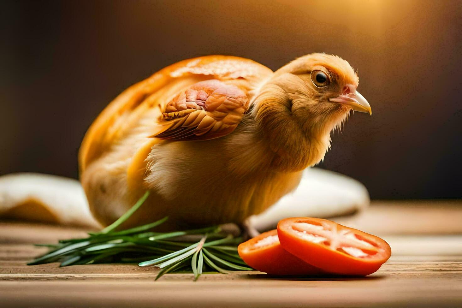 a chicken with tomatoes and rosemary on a wooden table. AI-Generated photo