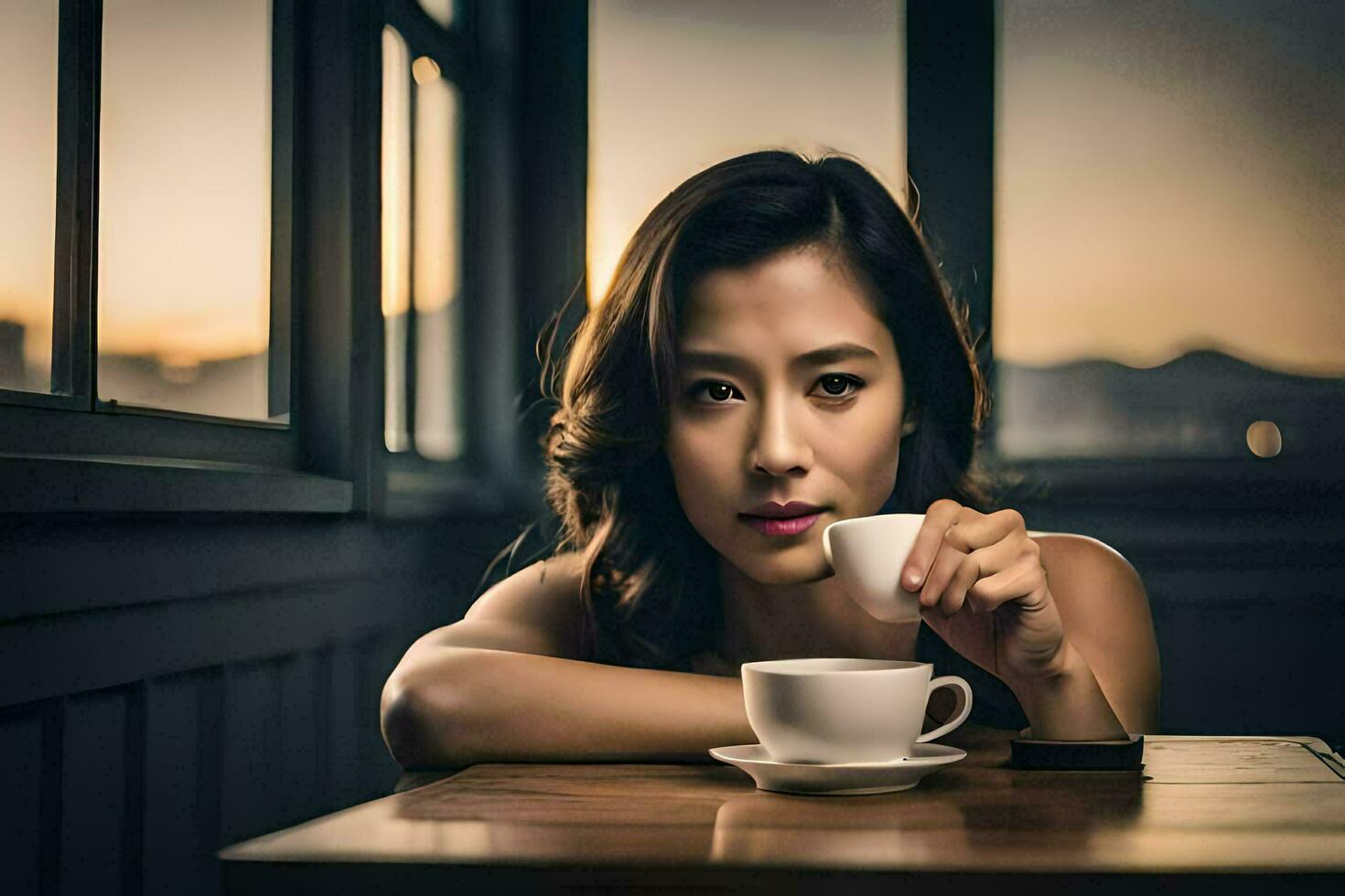 a woman holding a cup of coffee in front of a window. AI-Generated photo