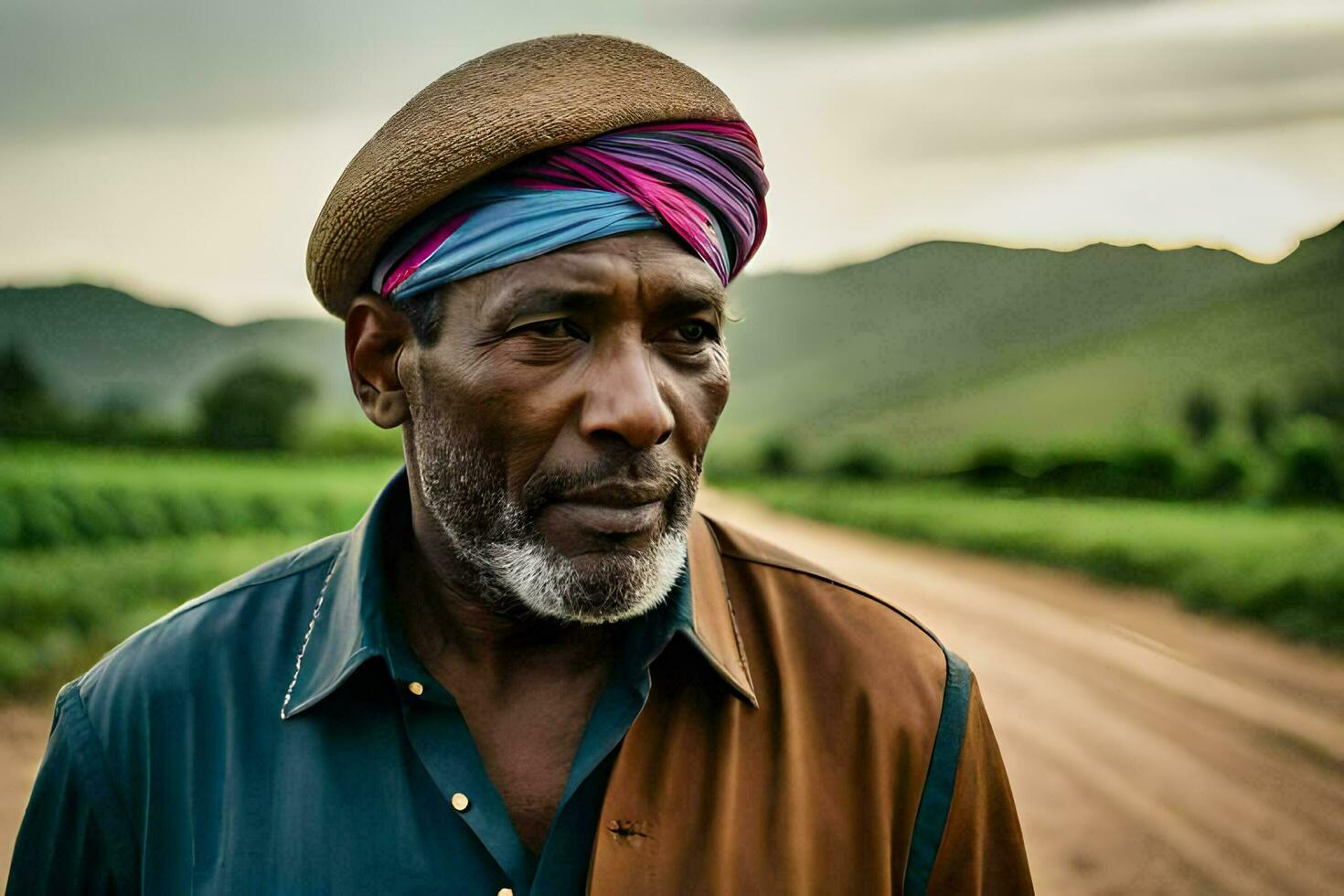 a man wearing a turban stands in a dirt road. AI-Generated photo