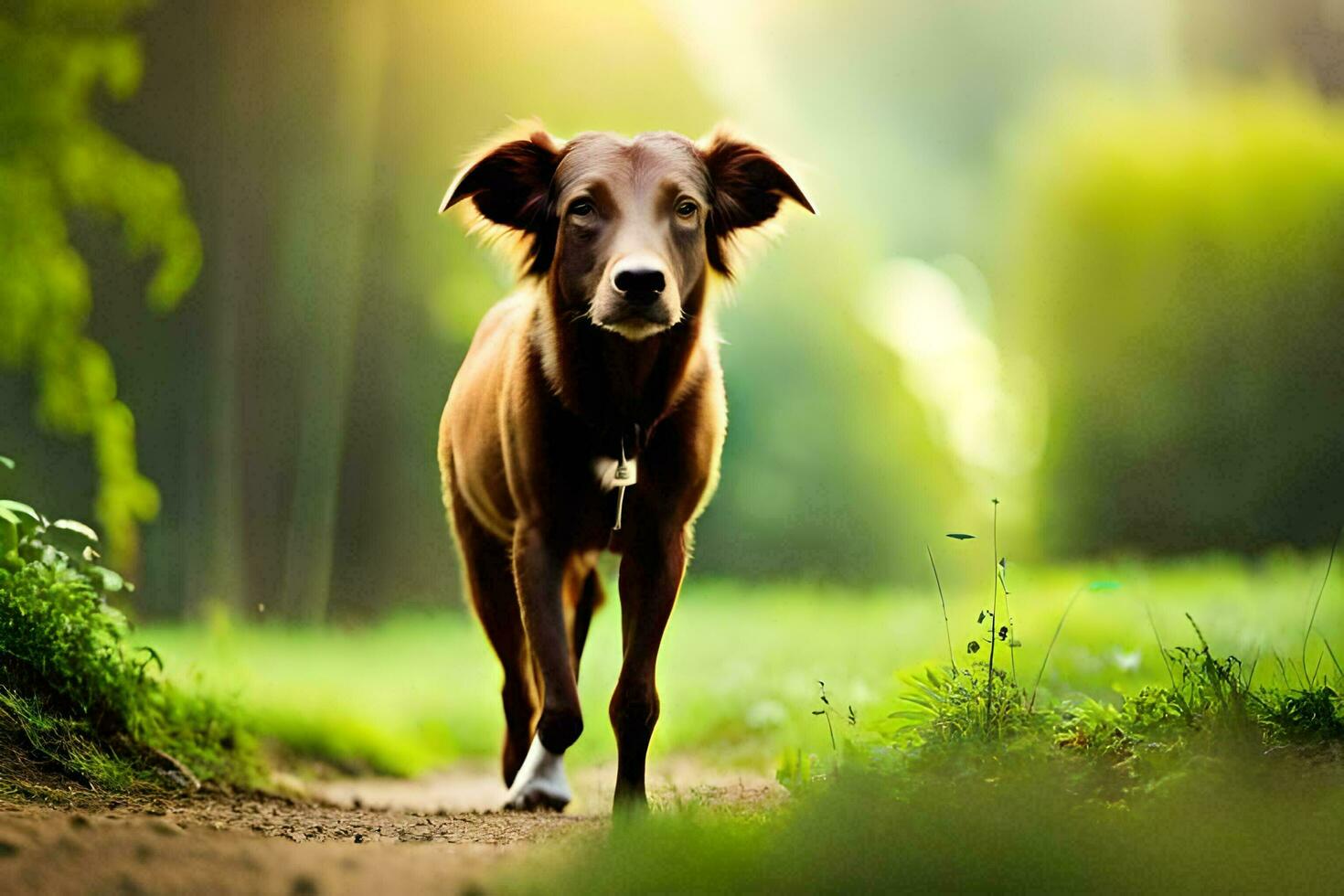 un marrón perro caminando en un suciedad camino. generado por ai foto