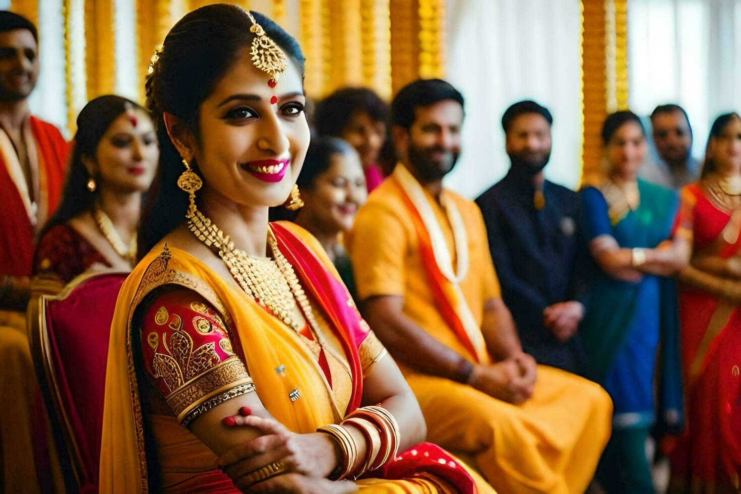 a beautiful bride in a yellow sari. AI-Generated photo