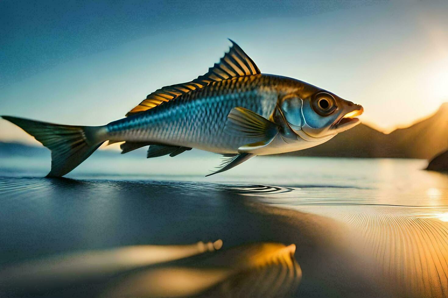 a fish is jumping out of the water at sunset. AI-Generated photo