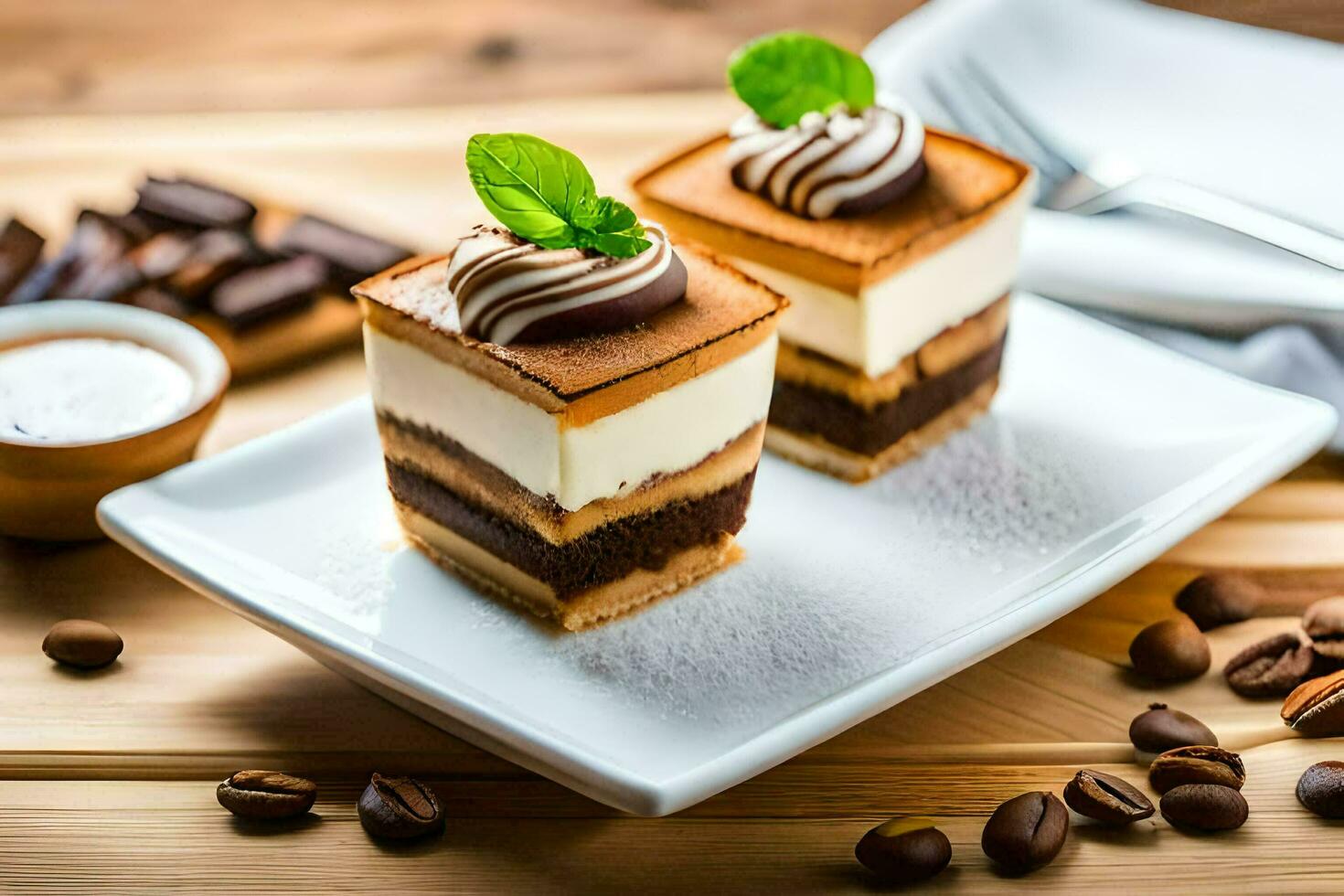 two desserts on a white plate with coffee beans. AI-Generated photo