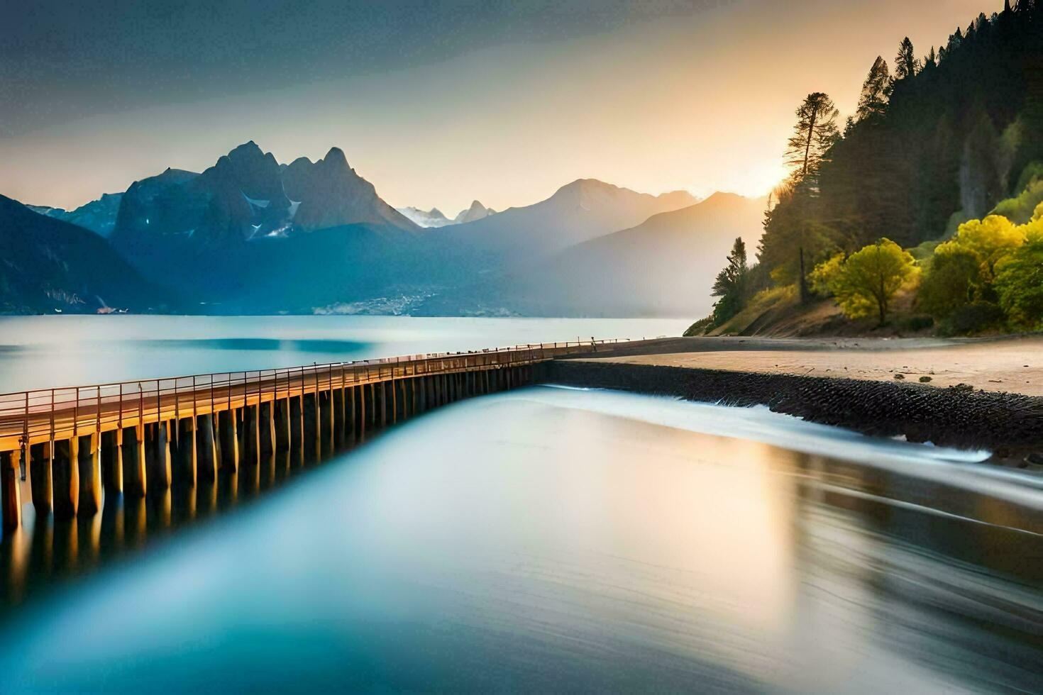 a long exposure photo of a pier in front of mountains. AI-Generated