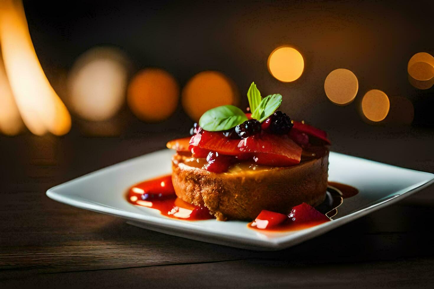a dessert on a plate with berries and syrup. AI-Generated photo
