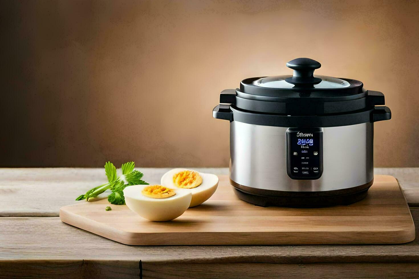 a slow cooker with eggs and a knife. AI-Generated photo
