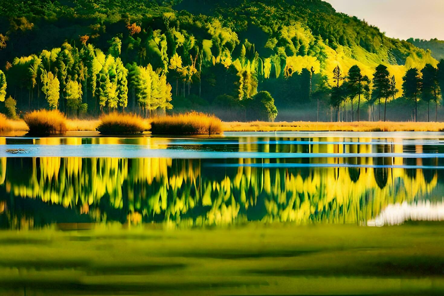 a lake with trees and grass in the foreground. AI-Generated photo