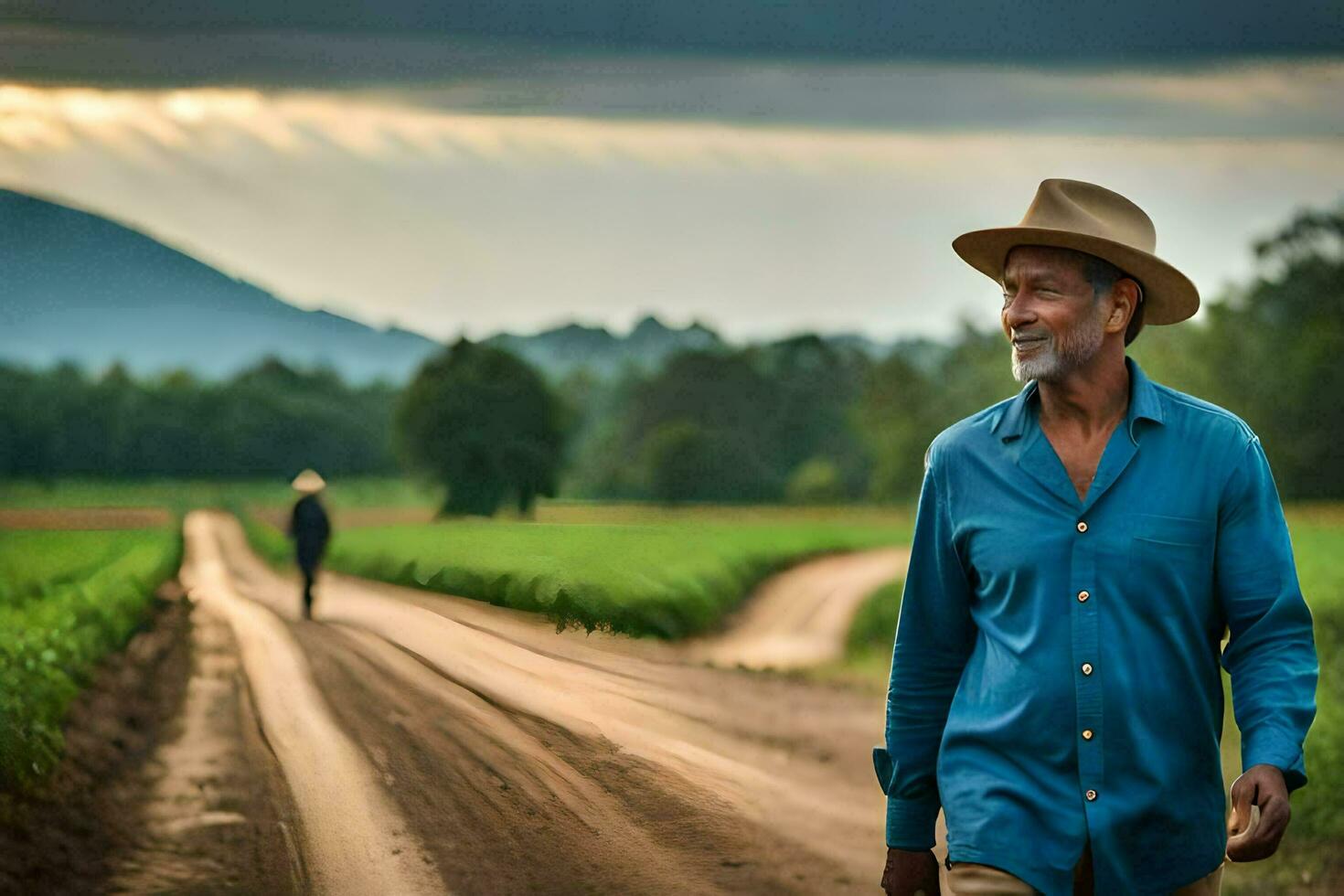 a man in a hat walks down a dirt road. AI-Generated photo