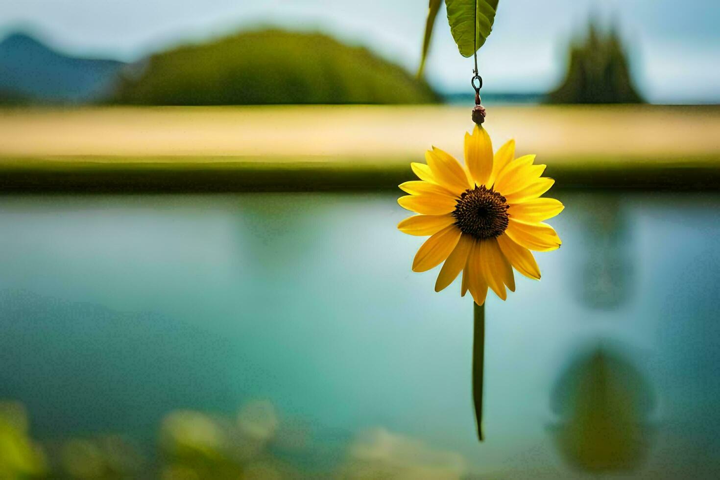 a yellow sunflower hanging from a tree near a lake. AI-Generated photo