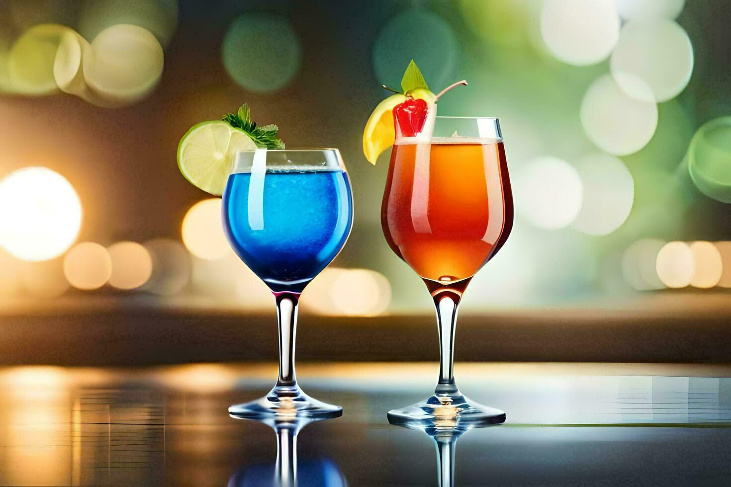 two glasses of cocktails with colorful drinks on a table. AI-Generated photo