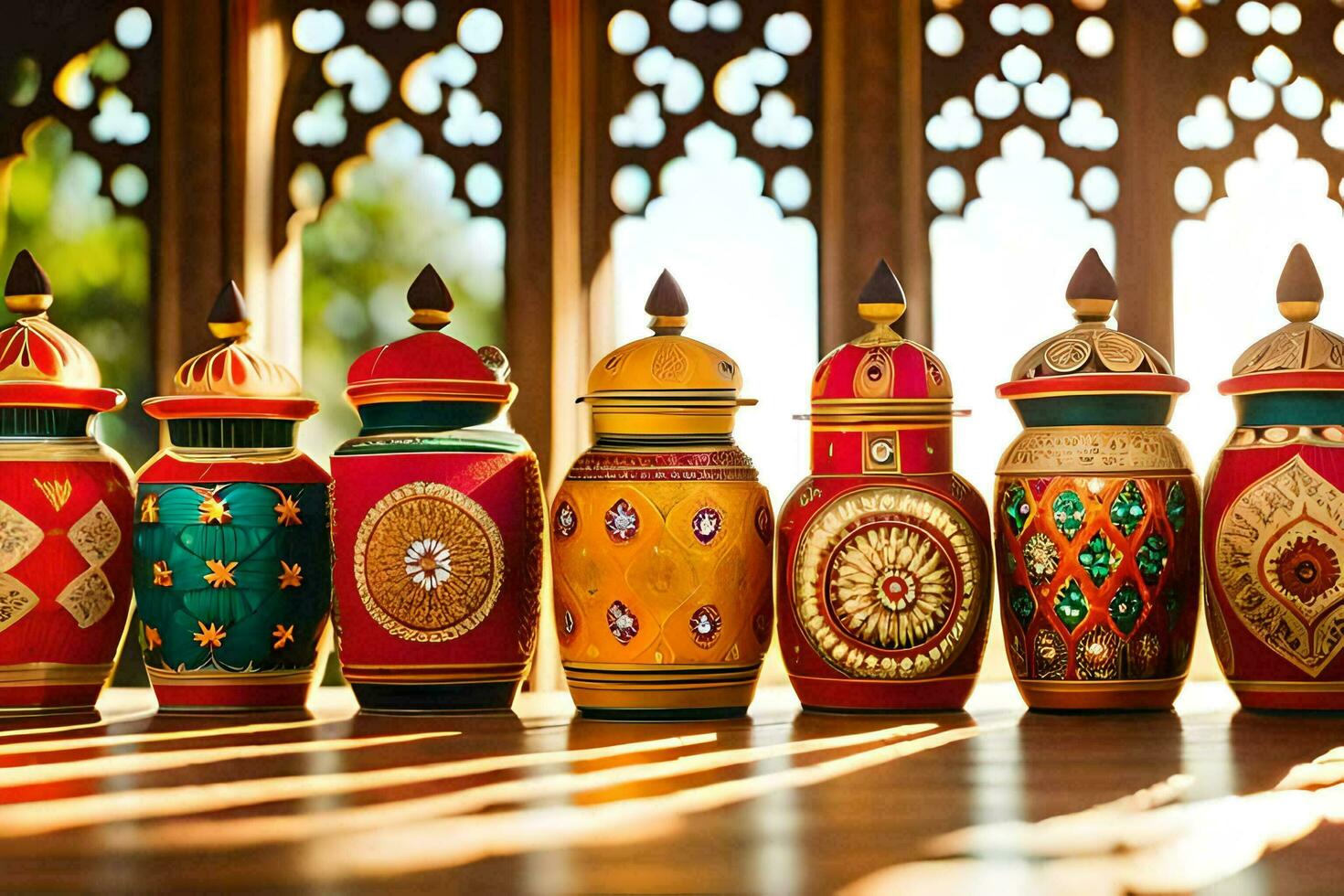 a row of colorful painted jars lined up on a table. AI-Generated photo