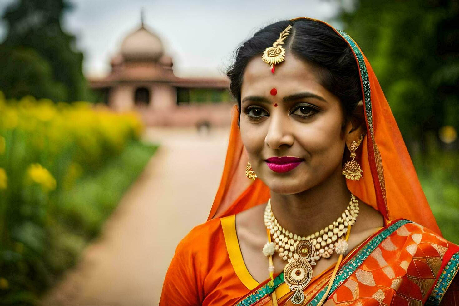 a beautiful indian woman in an orange sari. AI-Generated photo