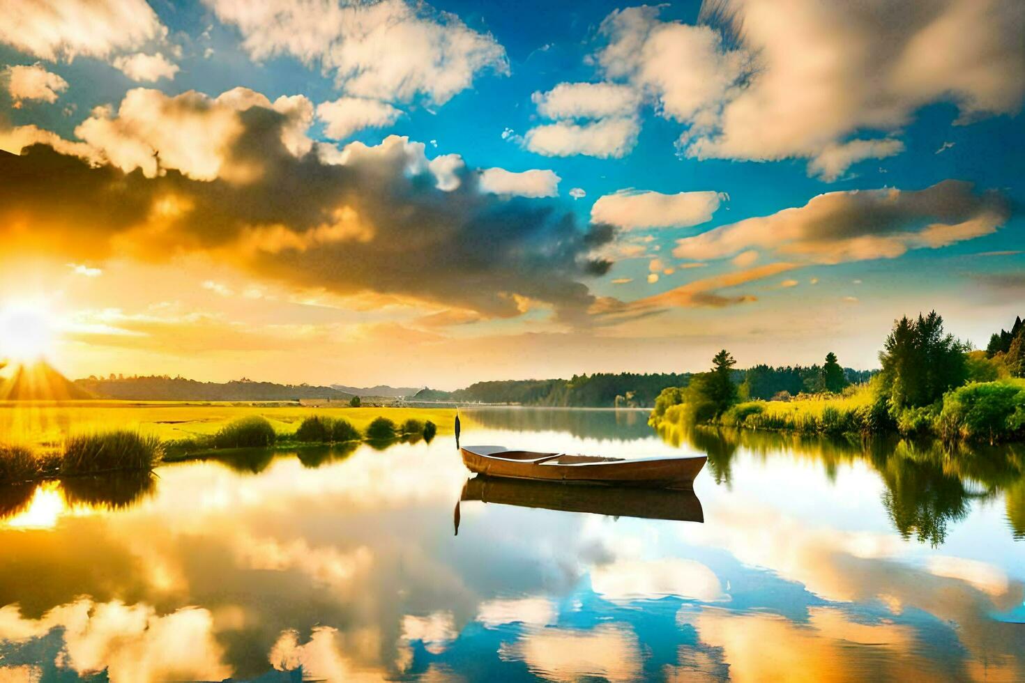 the boat is floating on the calm water at sunset. AI-Generated photo