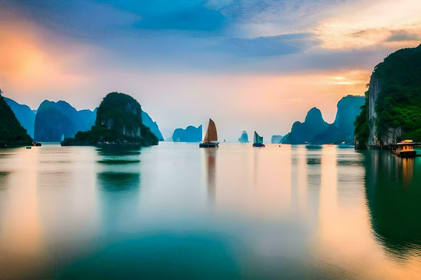 barcos en el agua a puesta de sol con montañas en el antecedentes. generado por ai foto