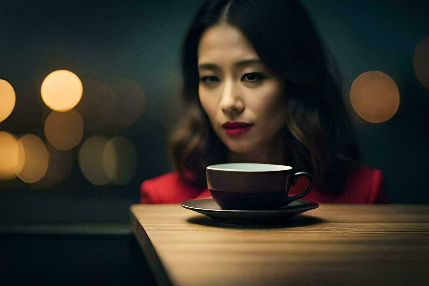 a woman sitting at a table with a cup of coffee. AI-Generated photo