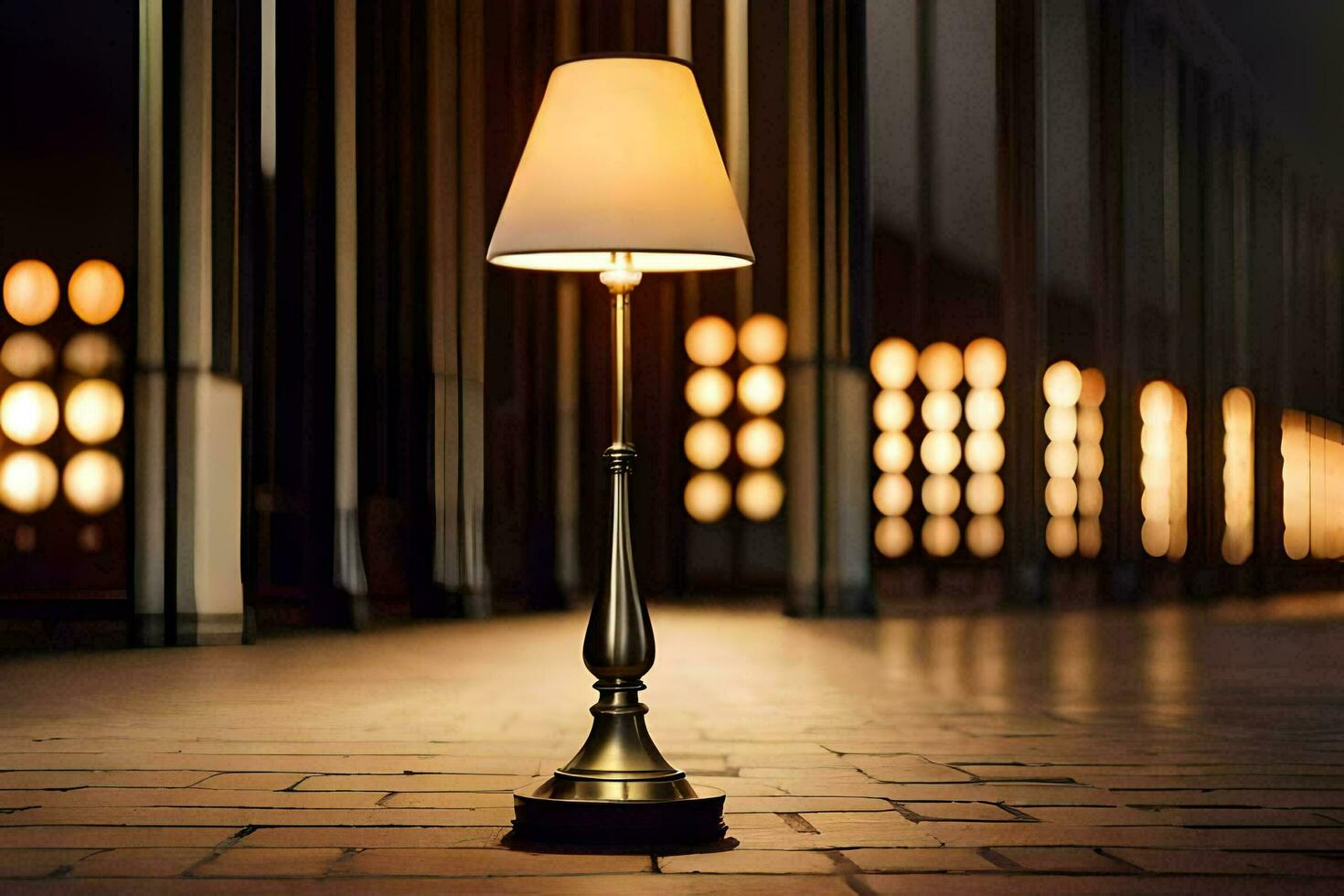 a lamp on a brick floor in front of a building. AI-Generated photo