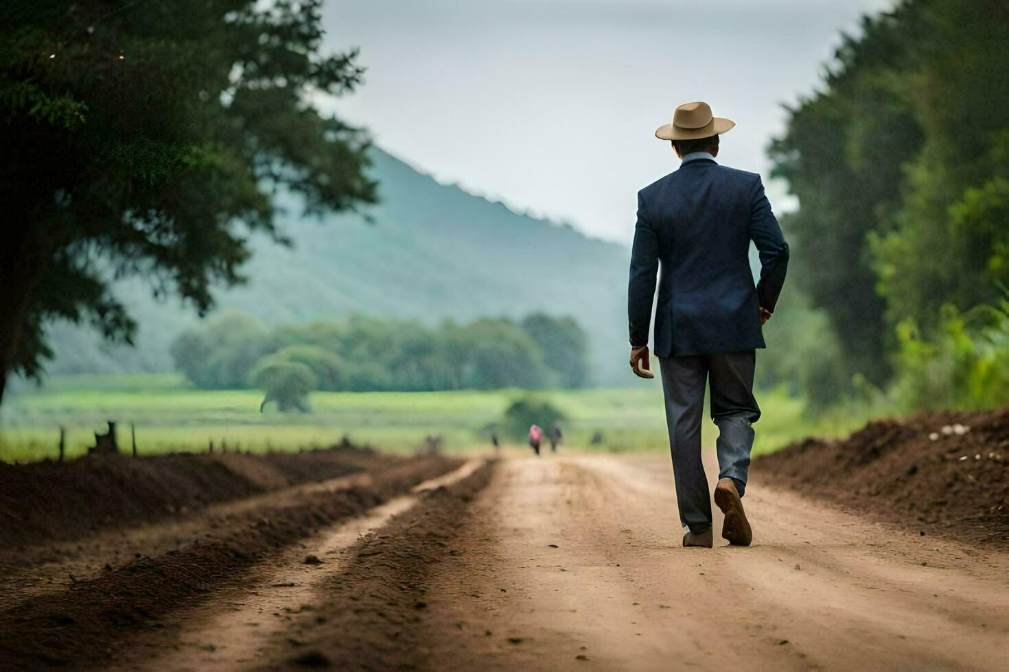 a man in a suit and hat walking down a dirt road. AI-Generated photo