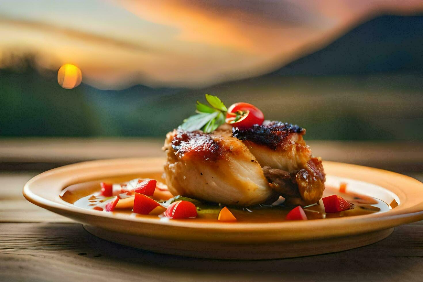 a plate of chicken with vegetables and sauce on a table. AI-Generated photo