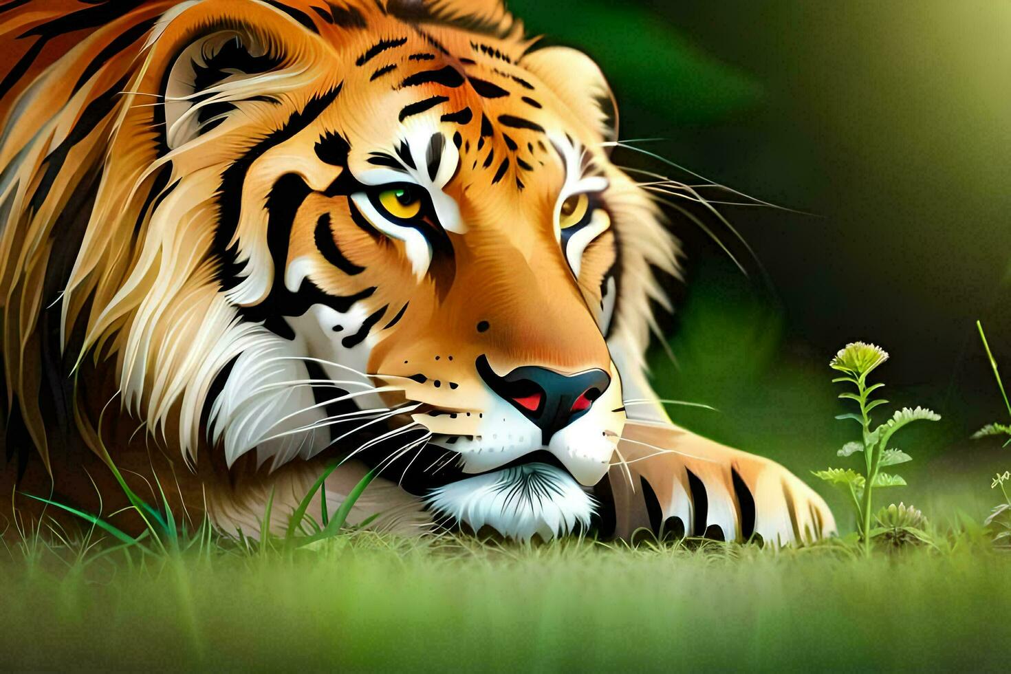 a tiger laying in the grass with its eyes closed. AI-Generated photo