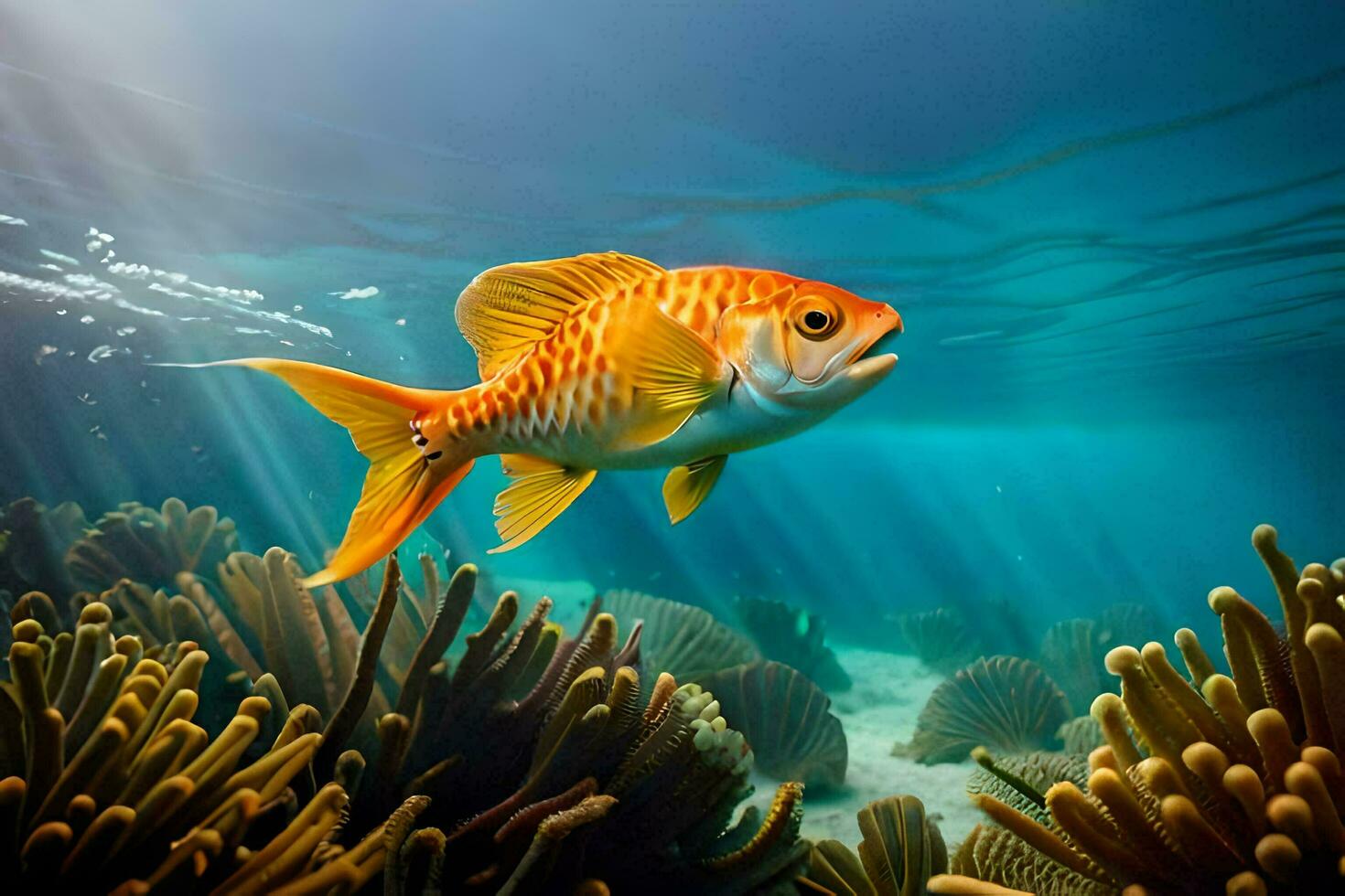 a fish swimming in the ocean with coral. AI-Generated photo