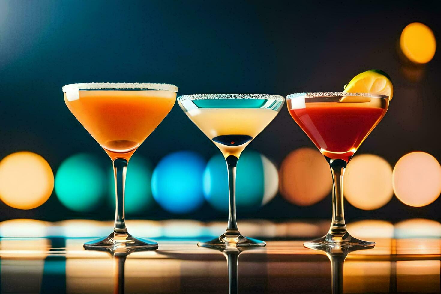 three different cocktails on a table. AI-Generated photo
