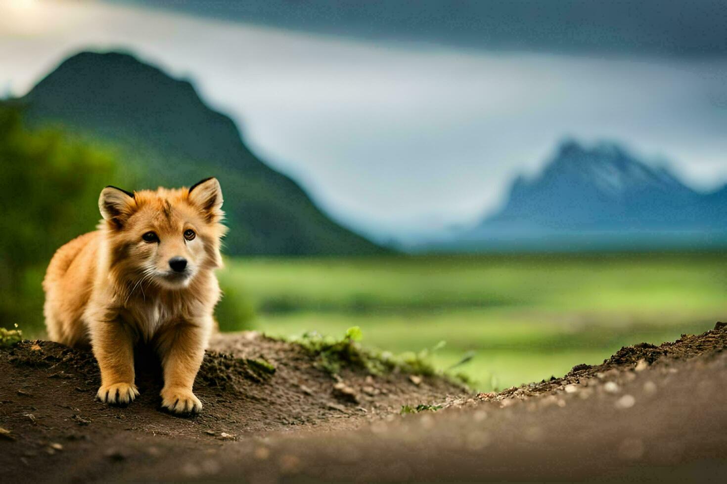 a puppy is standing on the ground in front of a mountain. AI-Generated photo